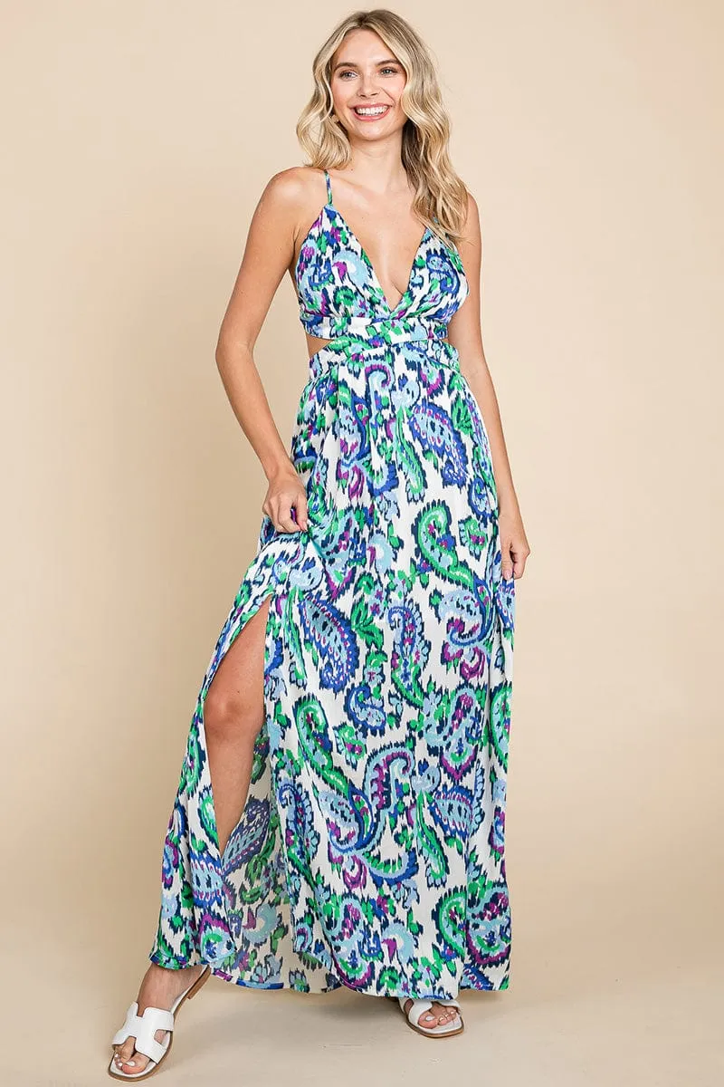 Deep V Neck Open Back Printed Boho Maxi Dress