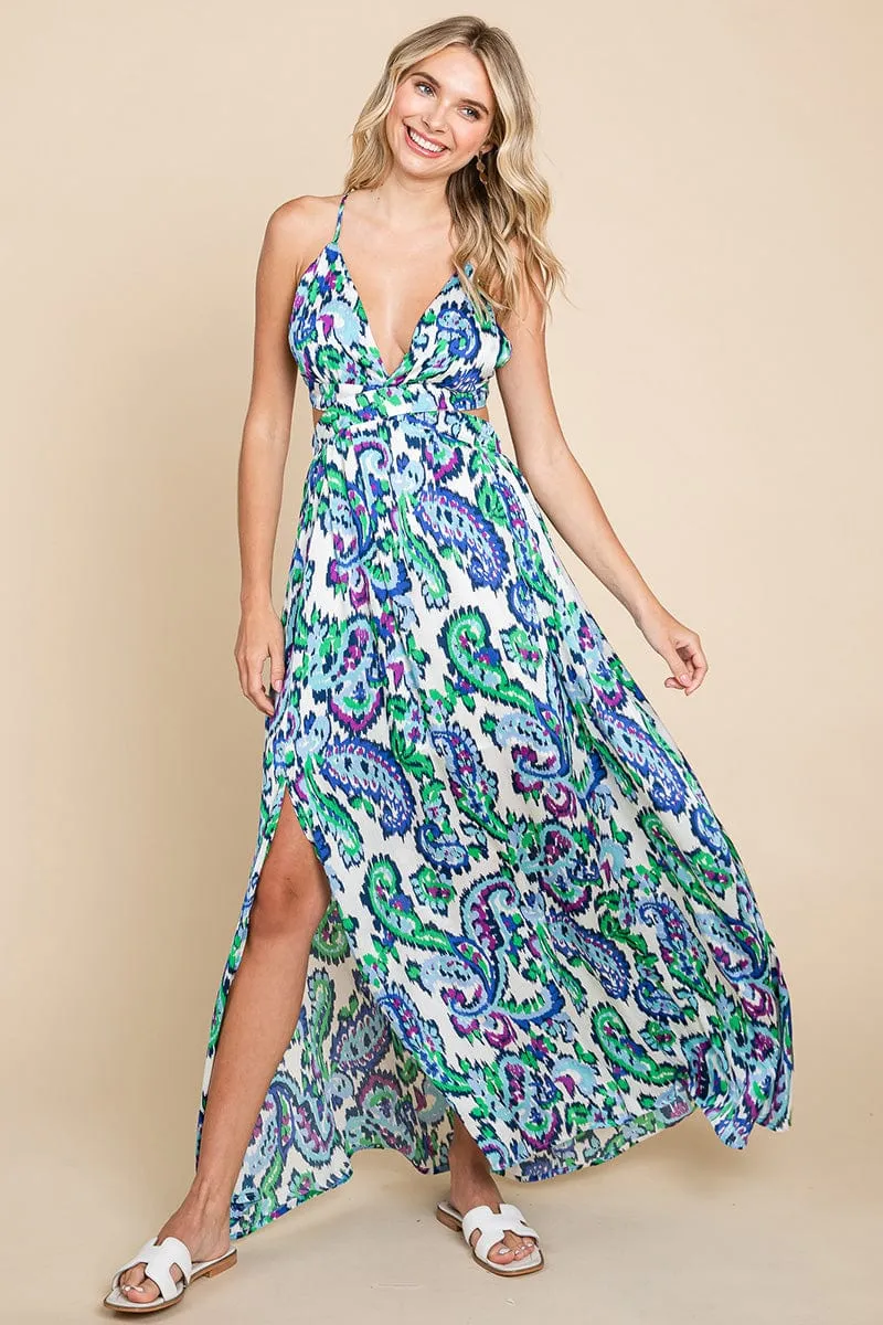 Deep V Neck Open Back Printed Boho Maxi Dress