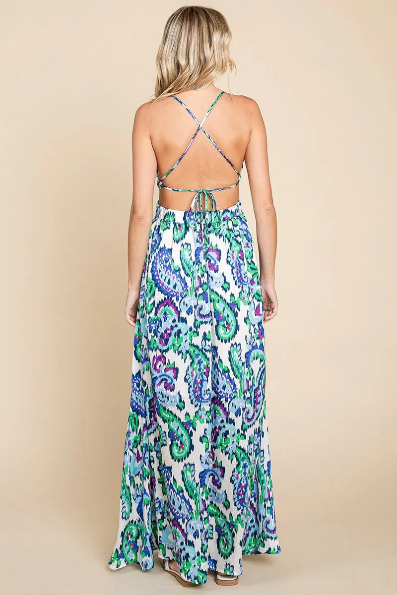 Deep V Neck Open Back Printed Boho Maxi Dress