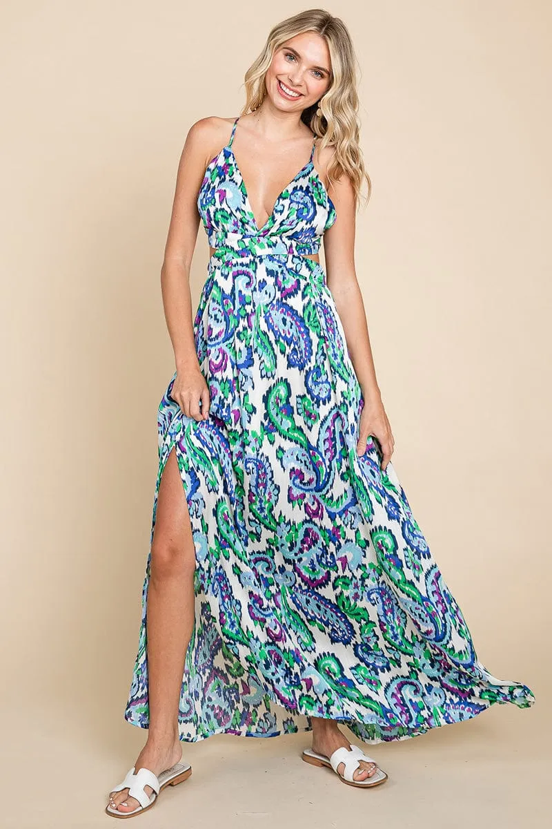 Deep V Neck Open Back Printed Boho Maxi Dress