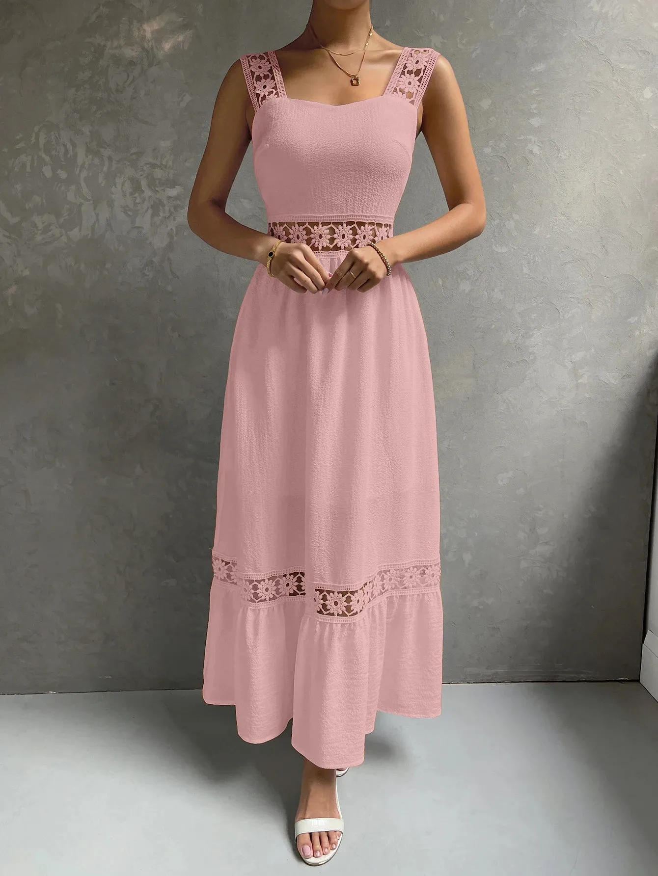 Fashion Lace Patchwork Slessveless Long Dress Boho Strap Waist Dresses