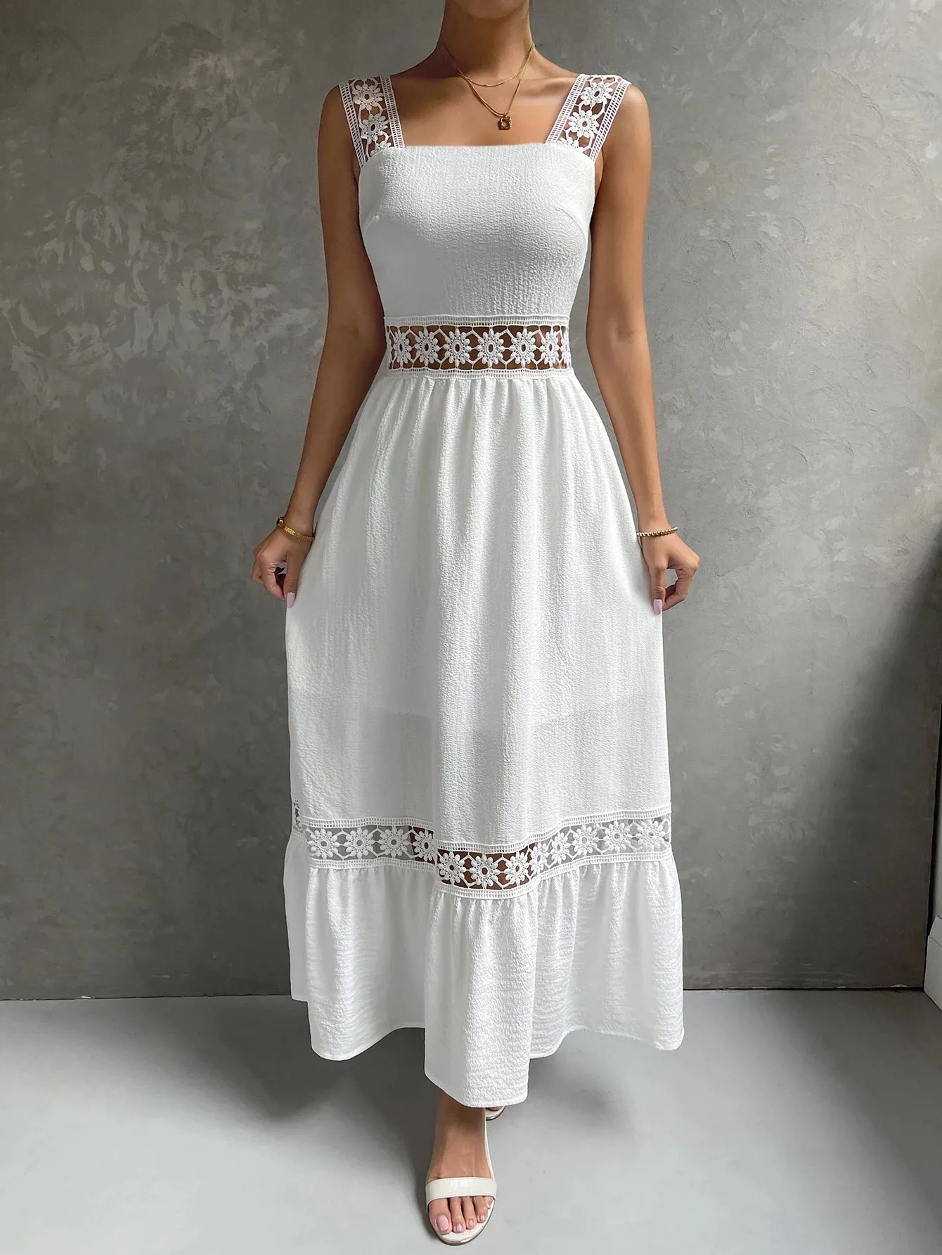 Fashion Lace Patchwork Slessveless Long Dress Boho Strap Waist Dresses