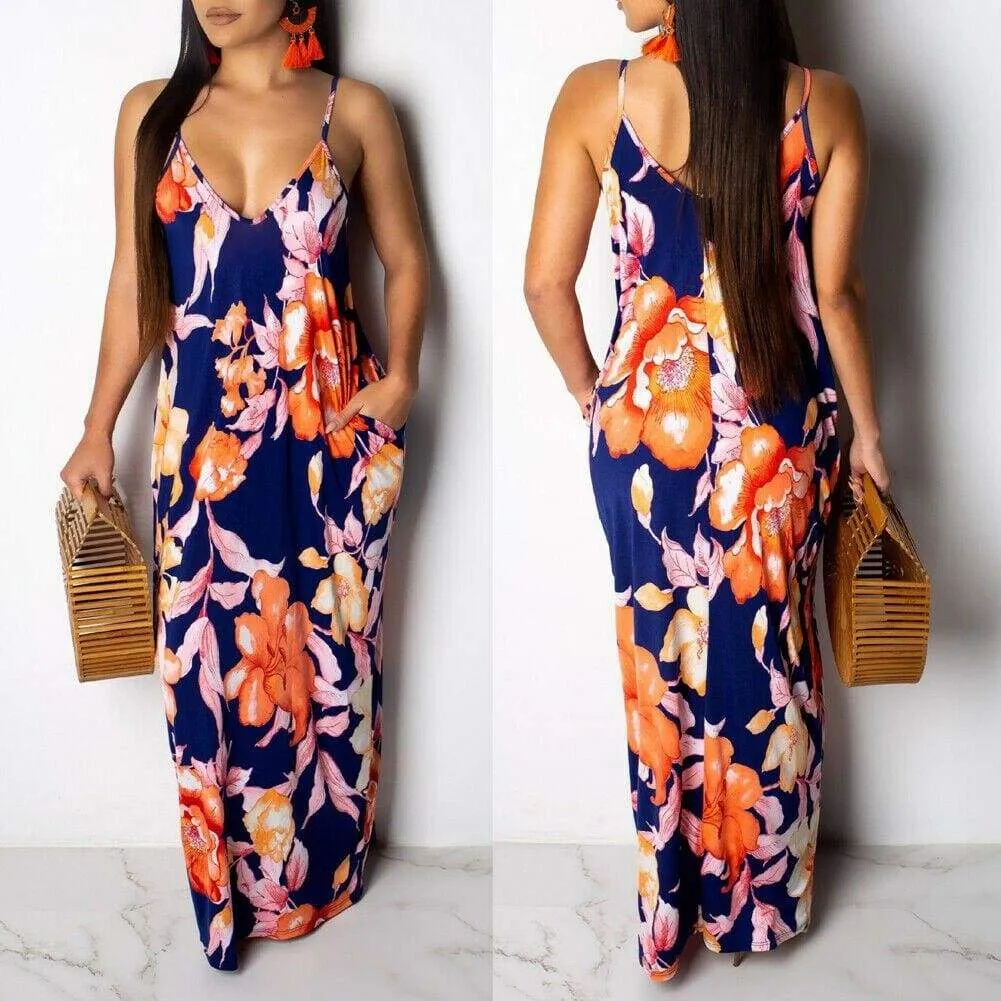 FashionSierra - Fashion Women's Maxi Long Boho Dress Hot V Neck Sleeveless New Floral Summer Beach Cocktail Party Loose Sundress