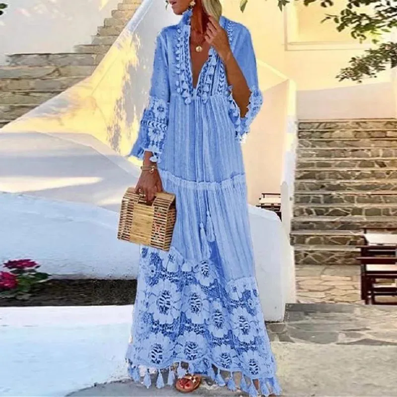 FashionSierra-Long Sleeve  Tassel  Women  Vintage  Floral Embroidery  Beach Wear  Summer  2024  Casual  Lace  Vestidos  Boho Dress