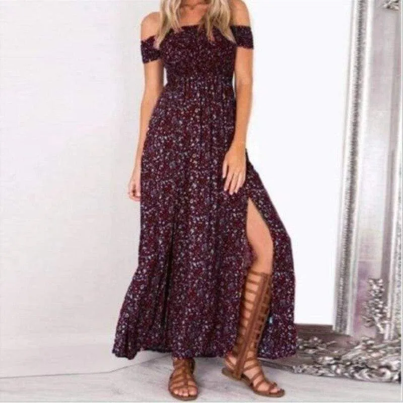 FashionSierra - New Fashion Women Boho Off shoulder High Waist Short Sleeve Maxi Dress Ladeis Summer Floral Beach Casual Long Sundress