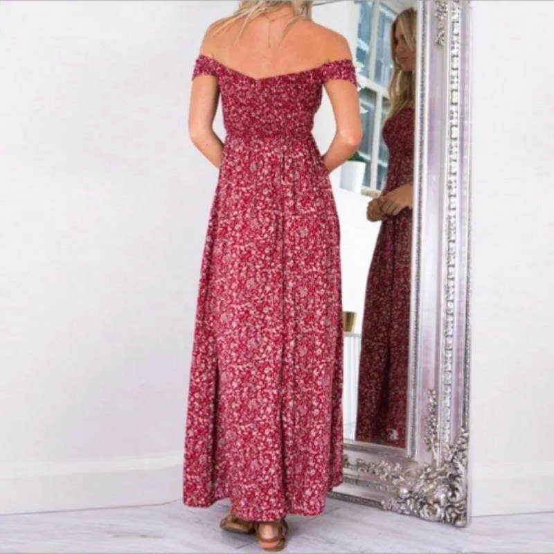 FashionSierra - New Fashion Women Boho Off shoulder High Waist Short Sleeve Maxi Dress Ladeis Summer Floral Beach Casual Long Sundress