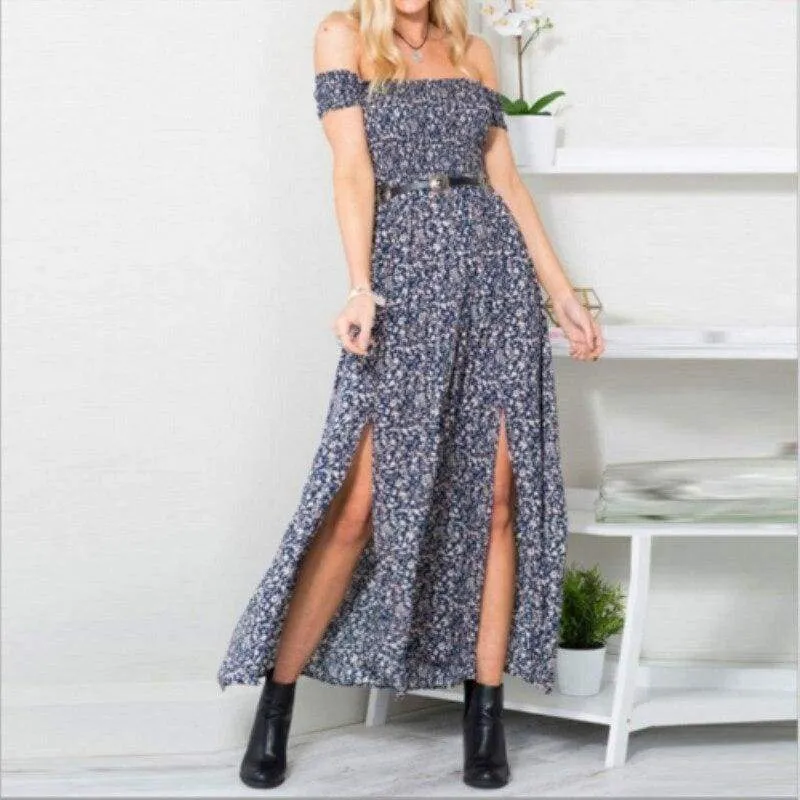 FashionSierra - New Fashion Women Boho Off shoulder High Waist Short Sleeve Maxi Dress Ladeis Summer Floral Beach Casual Long Sundress