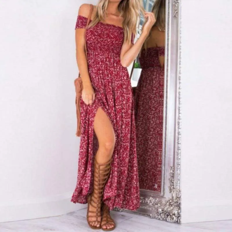 FashionSierra - New Fashion Women Boho Off shoulder High Waist Short Sleeve Maxi Dress Ladeis Summer Floral Beach Casual Long Sundress