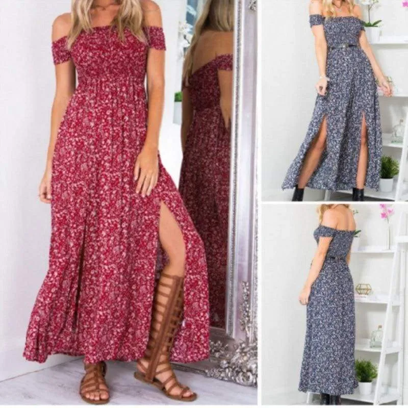 FashionSierra - New Fashion Women Boho Off shoulder High Waist Short Sleeve Maxi Dress Ladeis Summer Floral Beach Casual Long Sundress