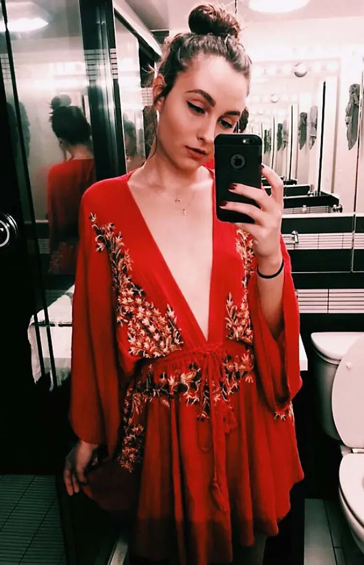 FashionSierra-New Floral Embroidery  2024 Summer  Vintage  Sexy  Beach  Deep V-neck  Long Sleeve  Party Boho Dress