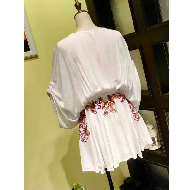 FashionSierra-New Floral Embroidery  2024 Summer  Vintage  Sexy  Beach  Deep V-neck  Long Sleeve  Party Boho Dress