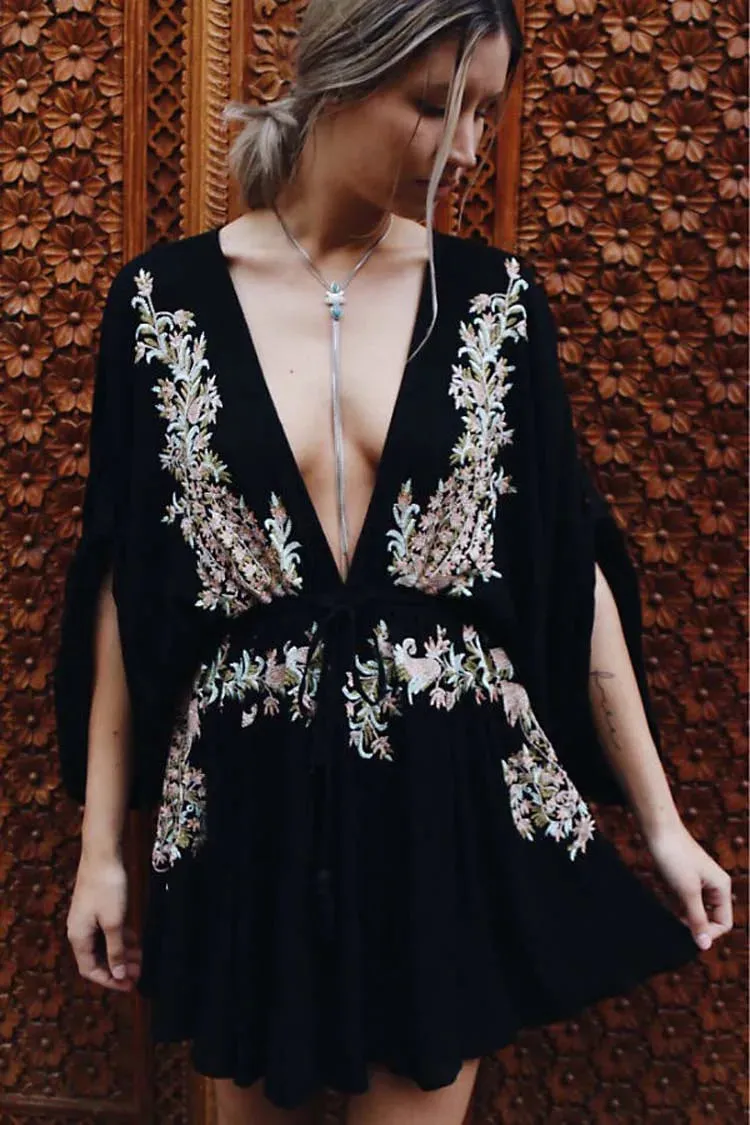 FashionSierra-New Floral Embroidery  2024 Summer  Vintage  Sexy  Beach  Deep V-neck  Long Sleeve  Party Boho Dress