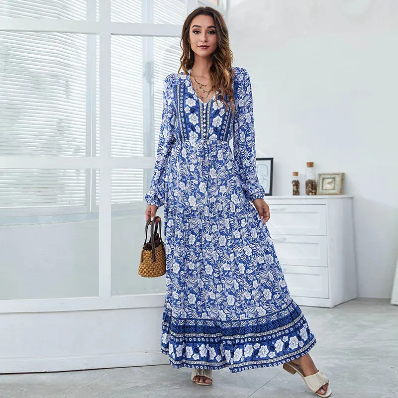 FashionSierra-Vintage  Cotton Rayon  Ethnic Floral Print  Maxi  Women  Robe  Casual  Long Sleeve  Autumn  V-neck  Vestidos Boho Dress