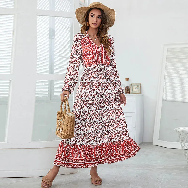 FashionSierra-Vintage  Cotton Rayon  Ethnic Floral Print  Maxi  Women  Robe  Casual  Long Sleeve  Autumn  V-neck  Vestidos Boho Dress