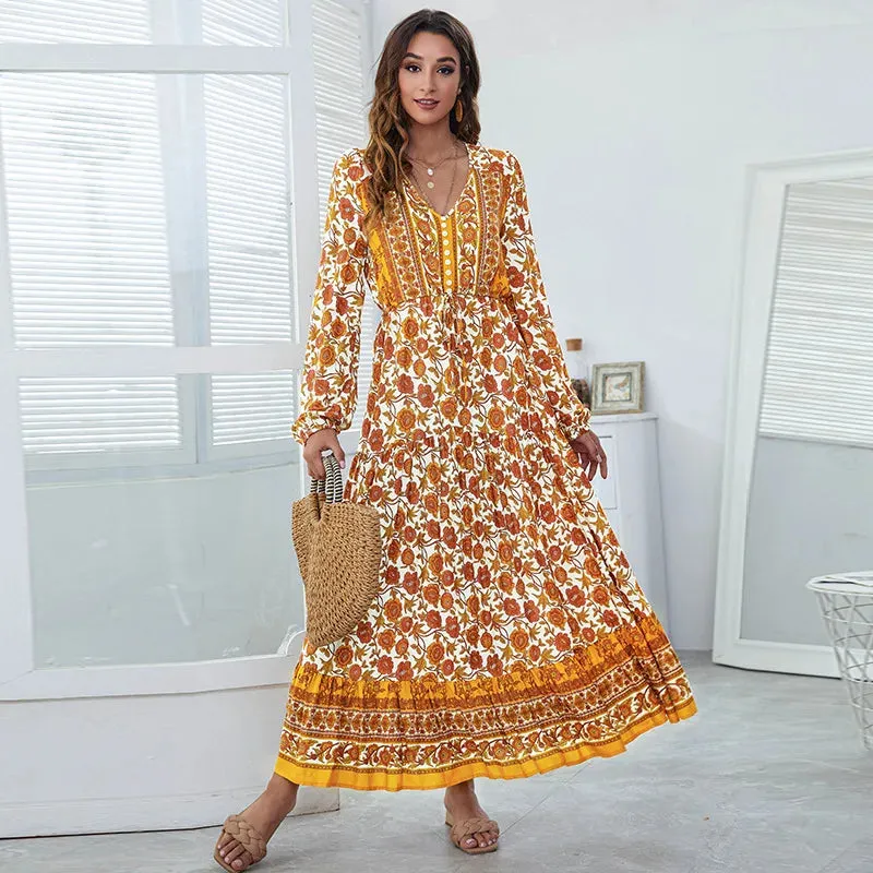 FashionSierra-Vintage  Cotton Rayon  Ethnic Floral Print  Maxi  Women  Robe  Casual  Long Sleeve  Autumn  V-neck  Vestidos Boho Dress