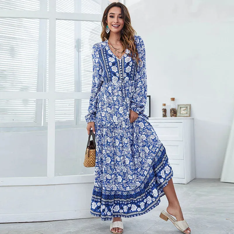 FashionSierra-Vintage  Cotton Rayon  Ethnic Floral Print  Maxi  Women  Robe  Casual  Long Sleeve  Autumn  V-neck  Vestidos Boho Dress