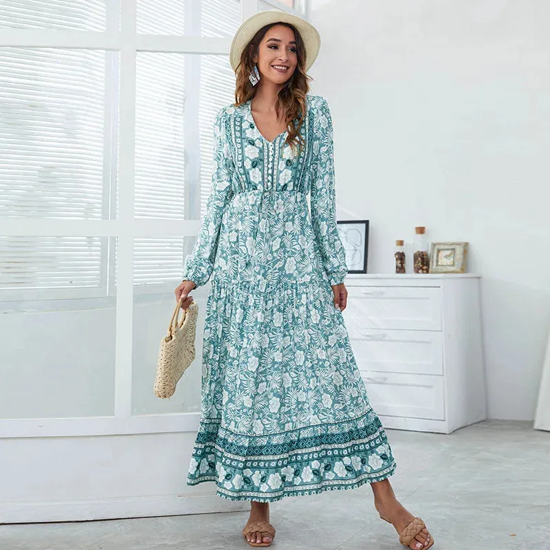 FashionSierra-Vintage  Cotton Rayon  Ethnic Floral Print  Maxi  Women  Robe  Casual  Long Sleeve  Autumn  V-neck  Vestidos Boho Dress