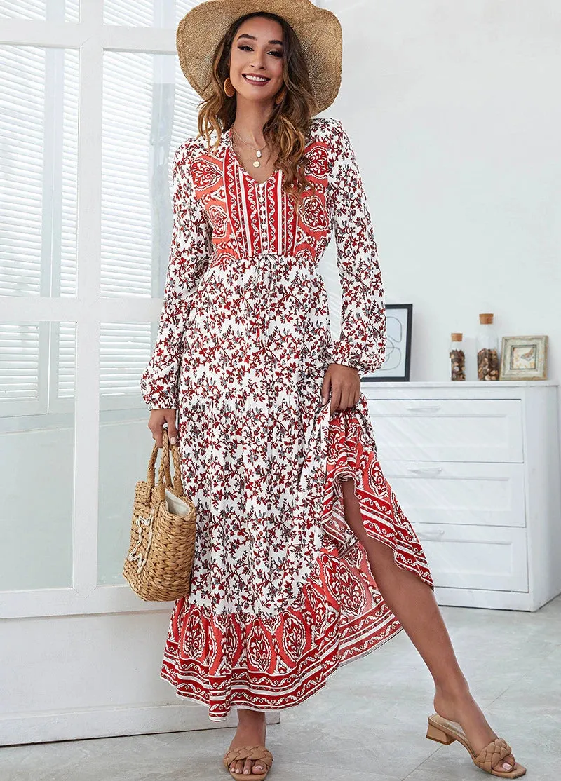 FashionSierra-Vintage  Cotton Rayon  Ethnic Floral Print  Maxi  Women  Robe  Casual  Long Sleeve  Autumn  V-neck  Vestidos Boho Dress