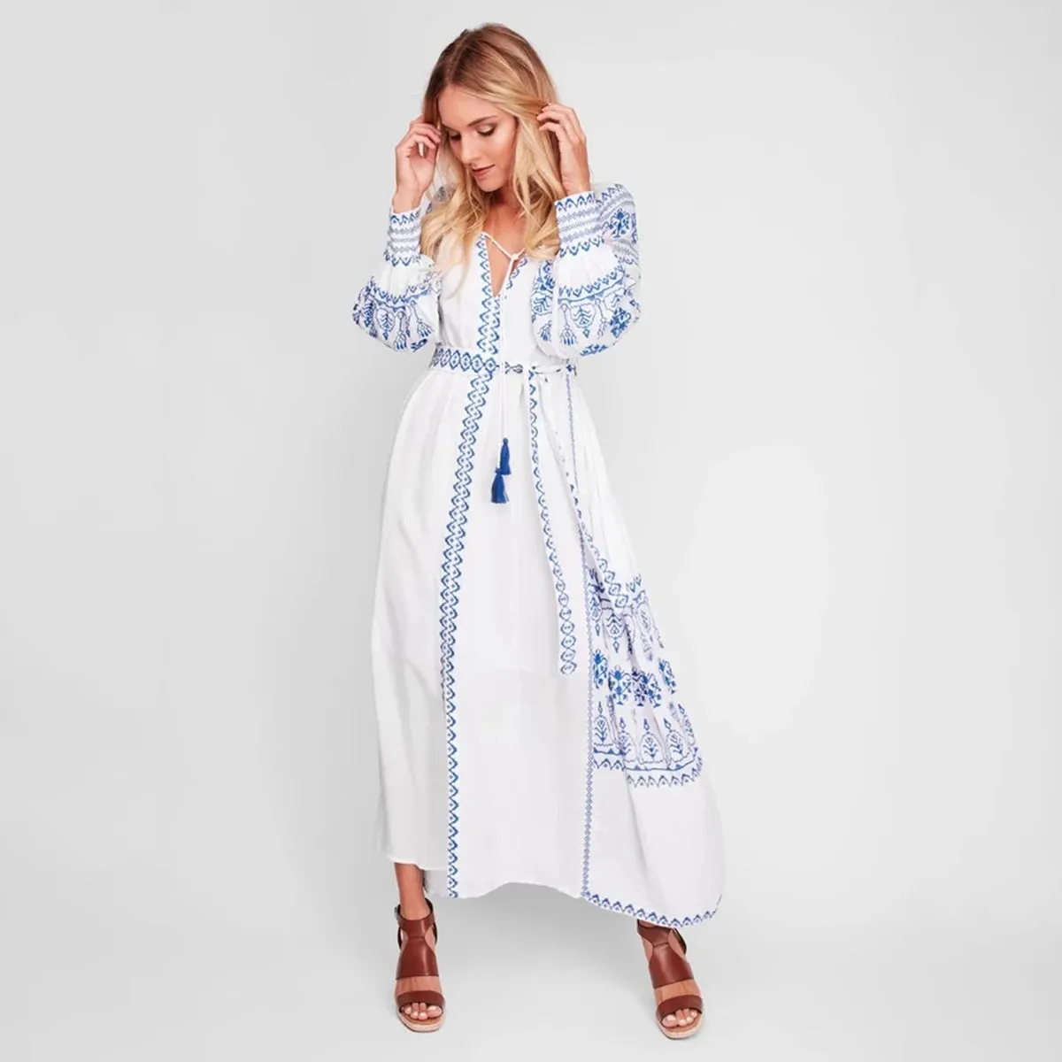 FashionSierra-White  Cotton  Maxi  Ethnic  Tunic  Vintage  Long Sleeve  Embroidery  Autumn  Beach Boho Dress