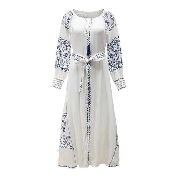 FashionSierra-White  Cotton  Maxi  Ethnic  Tunic  Vintage  Long Sleeve  Embroidery  Autumn  Beach Boho Dress