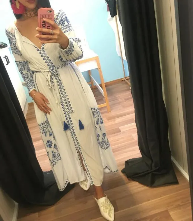 FashionSierra-White  Cotton  Maxi  Ethnic  Tunic  Vintage  Long Sleeve  Embroidery  Autumn  Beach Boho Dress