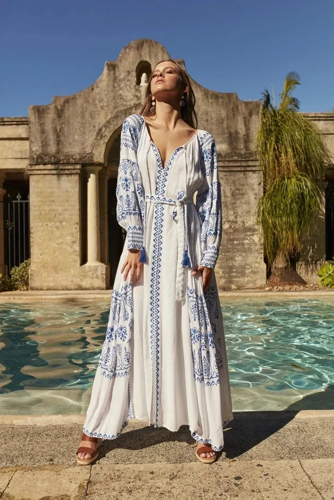 FashionSierra-White  Cotton  Maxi  Ethnic  Tunic  Vintage  Long Sleeve  Embroidery  Autumn  Beach Boho Dress