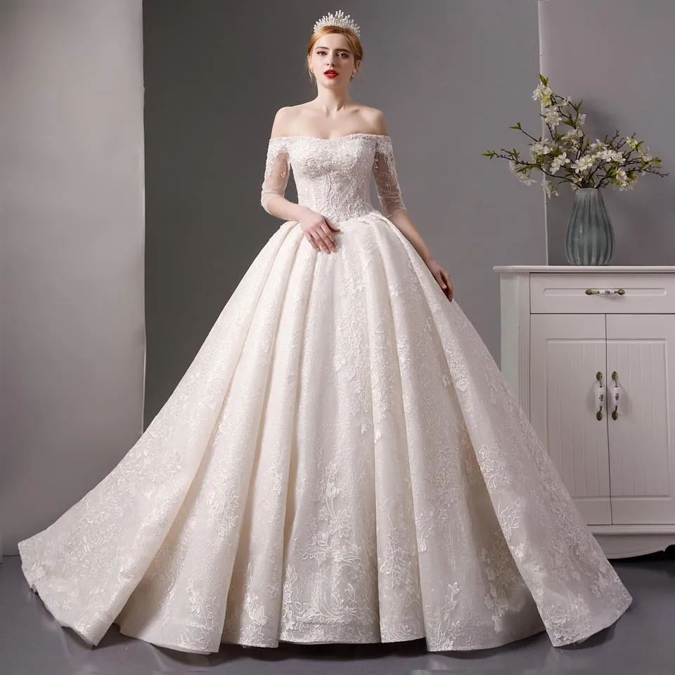 Full Lace luxury off the shoulder boat neck ball gown