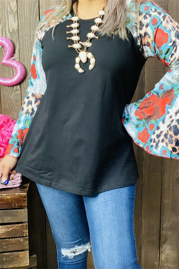 GJQ15193 Floral&Leopard multi color printed  raglan long bell sleeve women black tops (HS1)