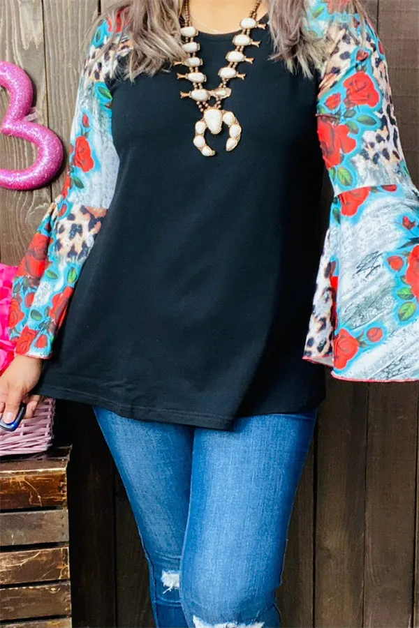 GJQ15193 Floral&Leopard multi color printed  raglan long bell sleeve women black tops (HS1)