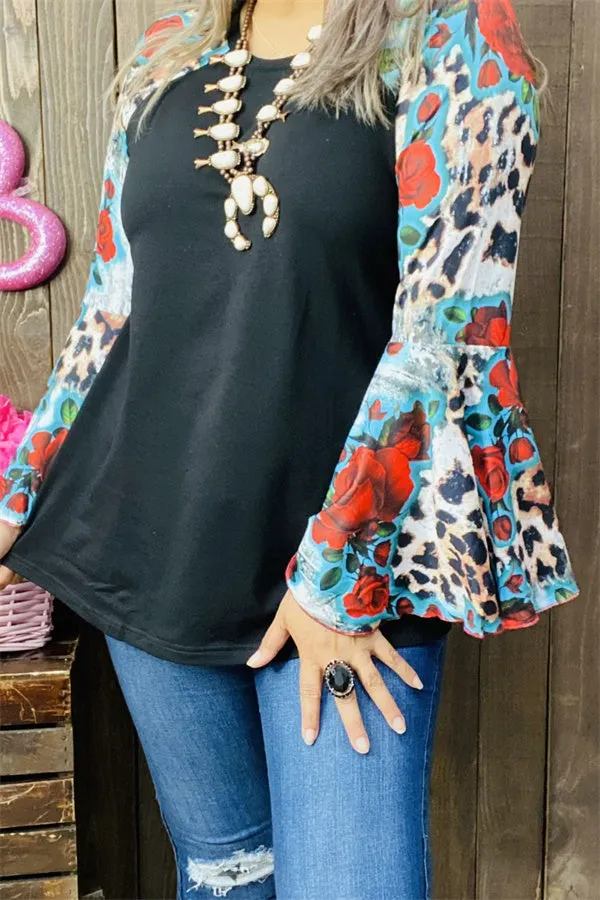 GJQ15193 Floral&Leopard multi color printed  raglan long bell sleeve women black tops (HS1)