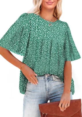 Green Floral Women's Casual Floral Print Short Sleeve Flowy Babydoll Tops