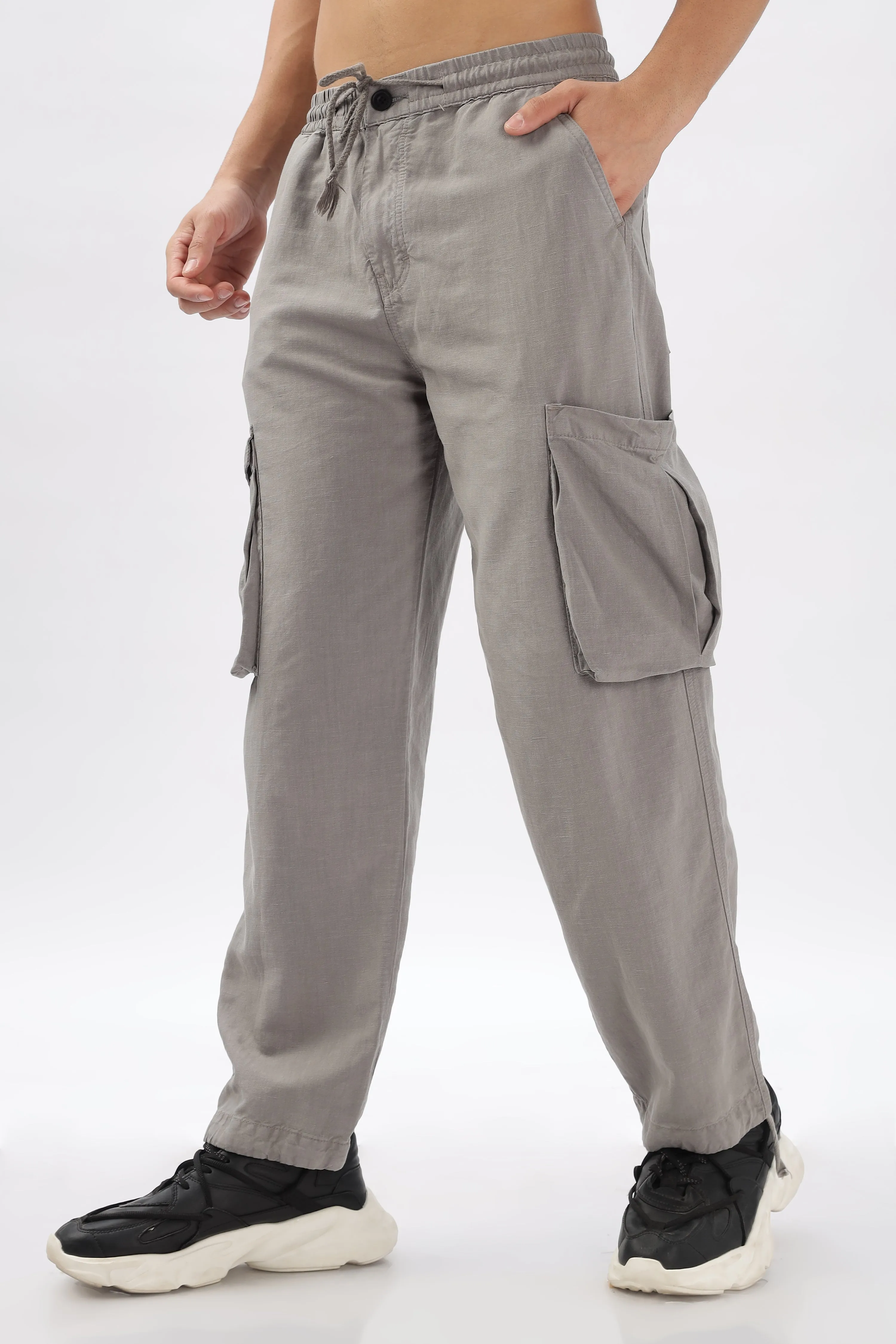 GREY LINEN CARGO PANTS