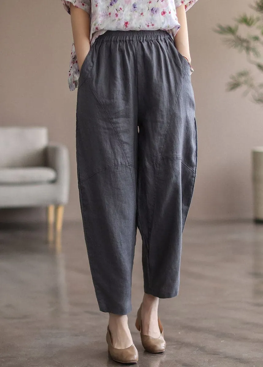 Grey Solid Patchwork Linen Pants High waist Summer