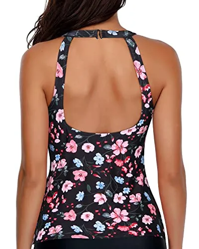 High Neck Tankini Top Women's Modest Bathing Suit Tops For Big Busts-Black Floral