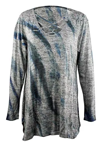 Impulse California Color Streak, Long Sleeve Sharkbite Hem Criss Cross Neck Tunic