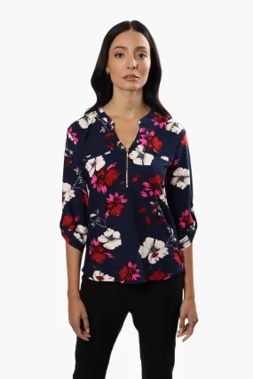 International INC Company Floral Roll Up Sleeve Blouse - Navy