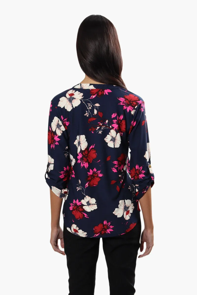 International INC Company Floral Roll Up Sleeve Blouse - Navy