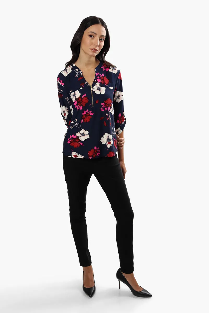 International INC Company Floral Roll Up Sleeve Blouse - Navy