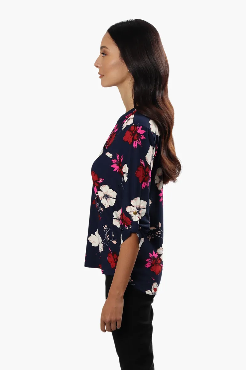 International INC Company Floral Roll Up Sleeve Blouse - Navy