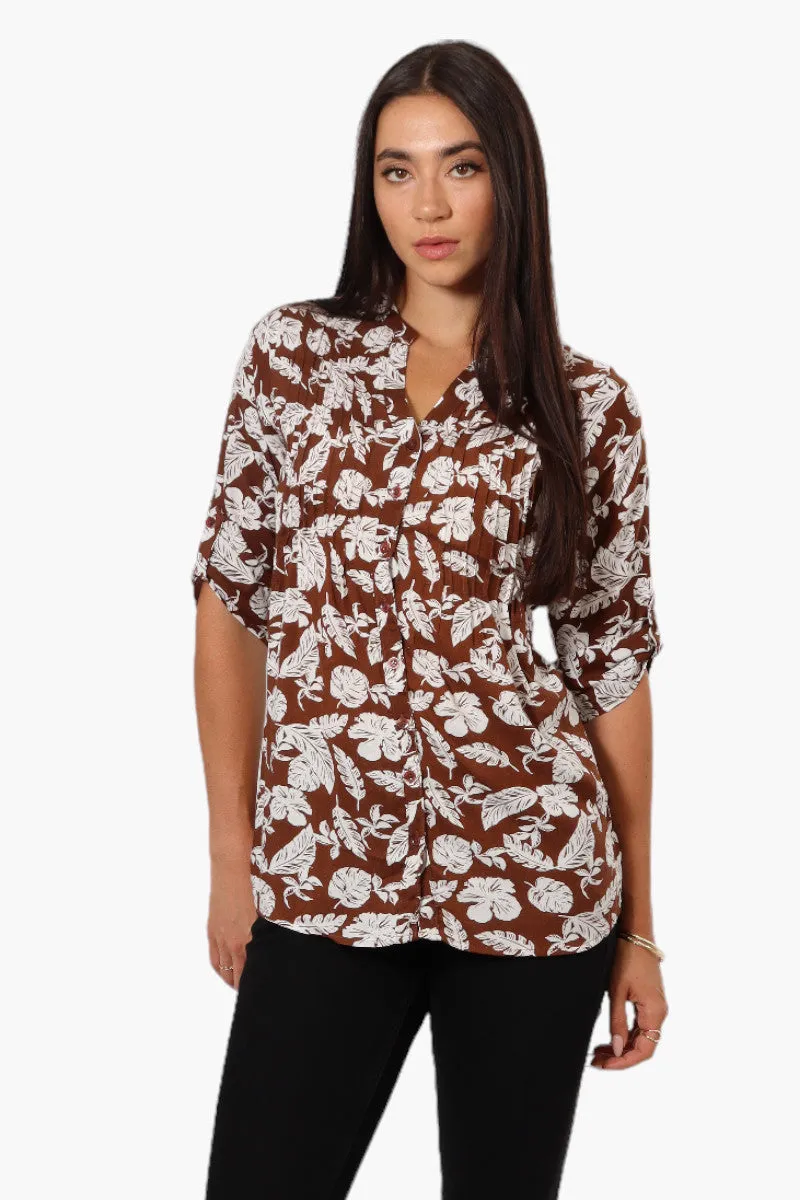 International INC Company Patterned Tie Back Roll Up Sleeve Shirt - Brown