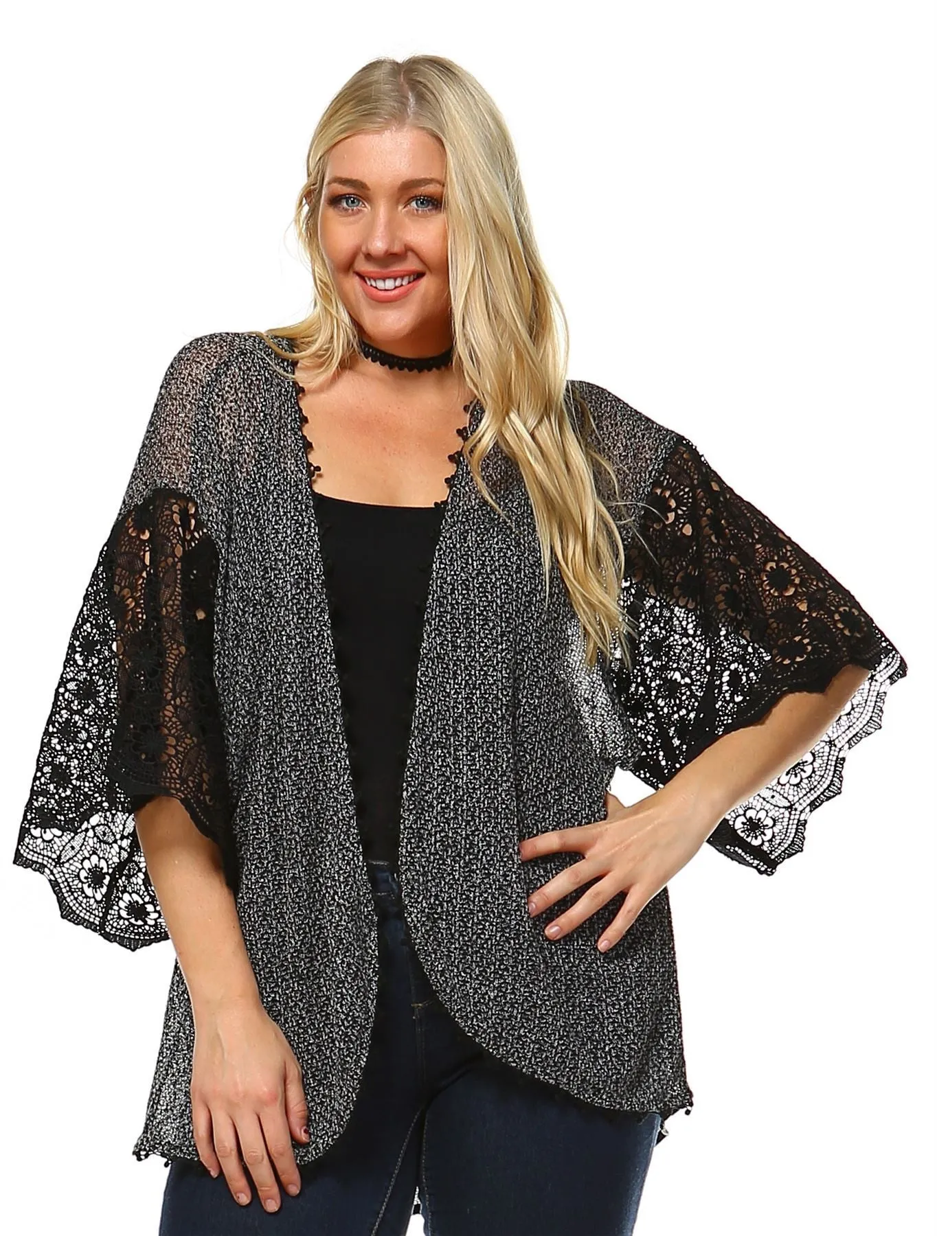 Lace Cardigans Kimono Sleeves Black