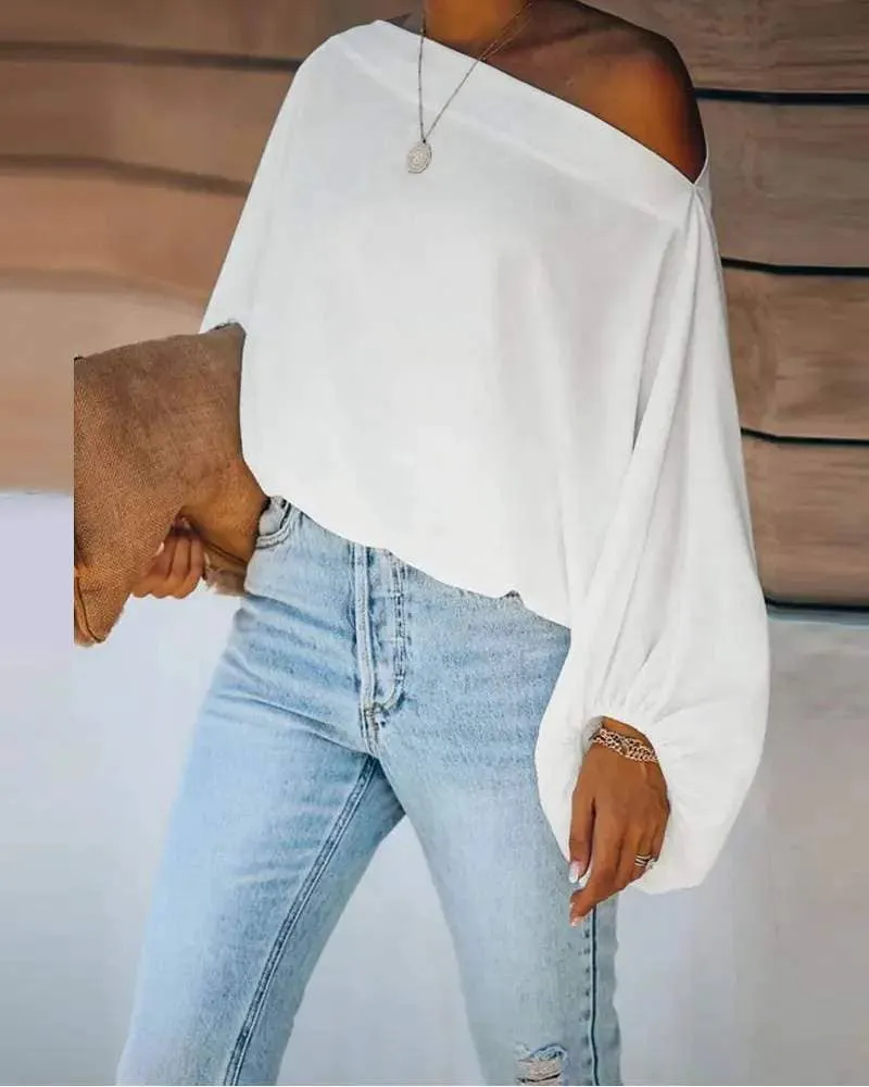 Lantern sleeve skew neck top