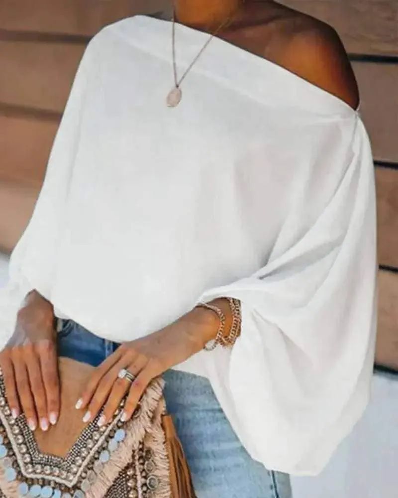 Lantern sleeve skew neck top