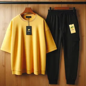 Lemon Tart Mens Plain Oversized Drop Shoulder T-Shirt and Jogger Pants Set - LTMTSPS2 - Yellow Black