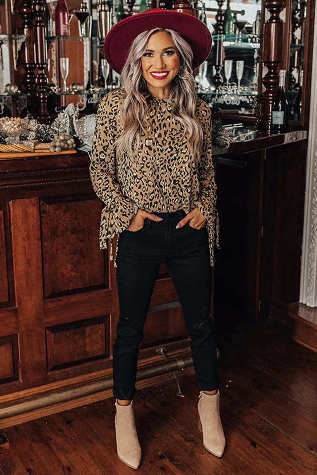 Leopard Print Cuff Knot Long Sleeve Blouse