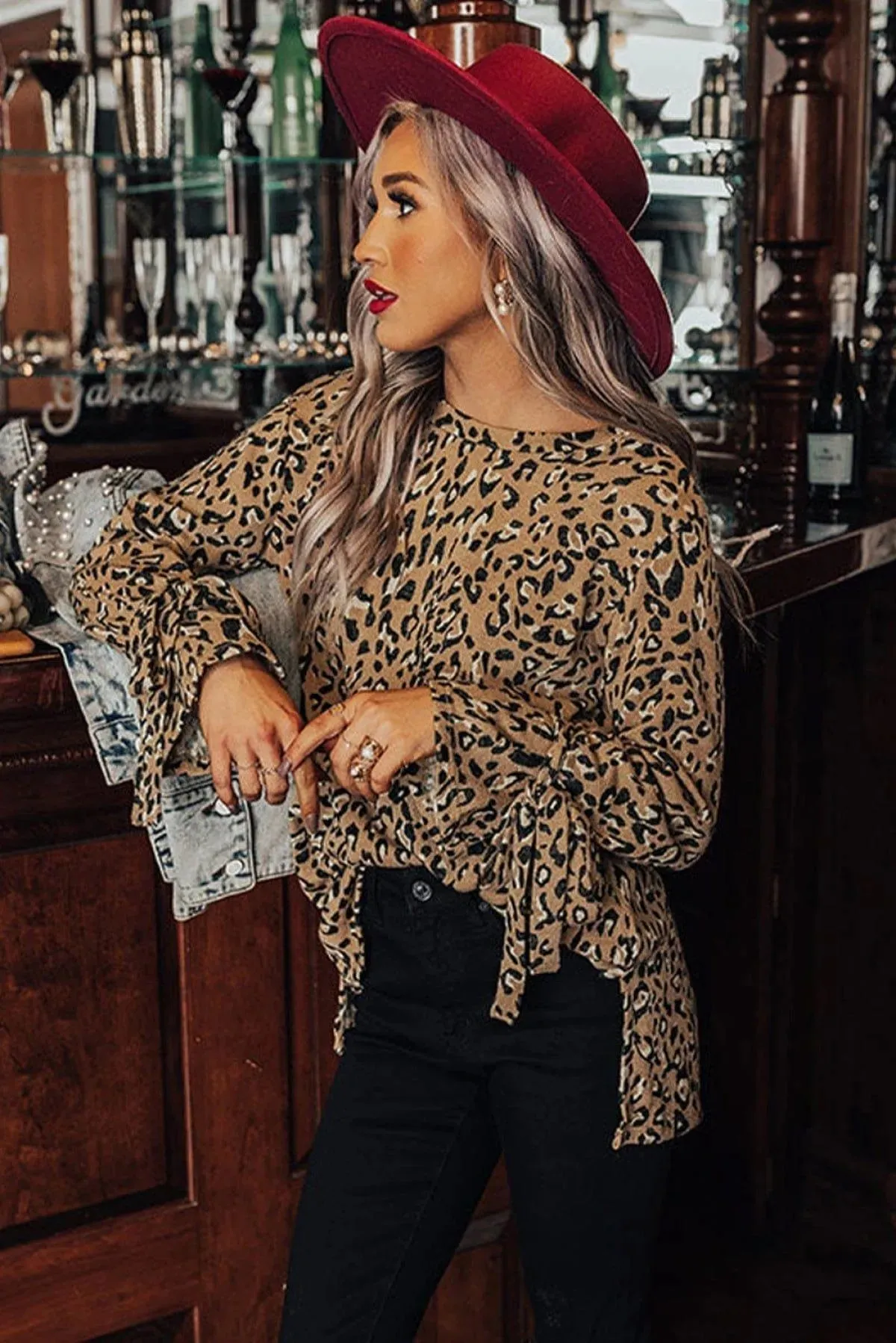 Leopard Print Cuff Knot Long Sleeve Blouse