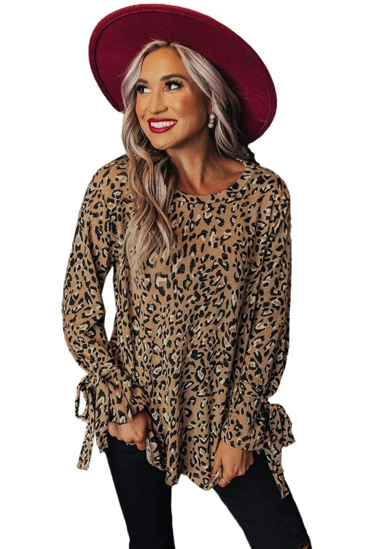 Leopard Print Cuff Knot Long Sleeve Blouse