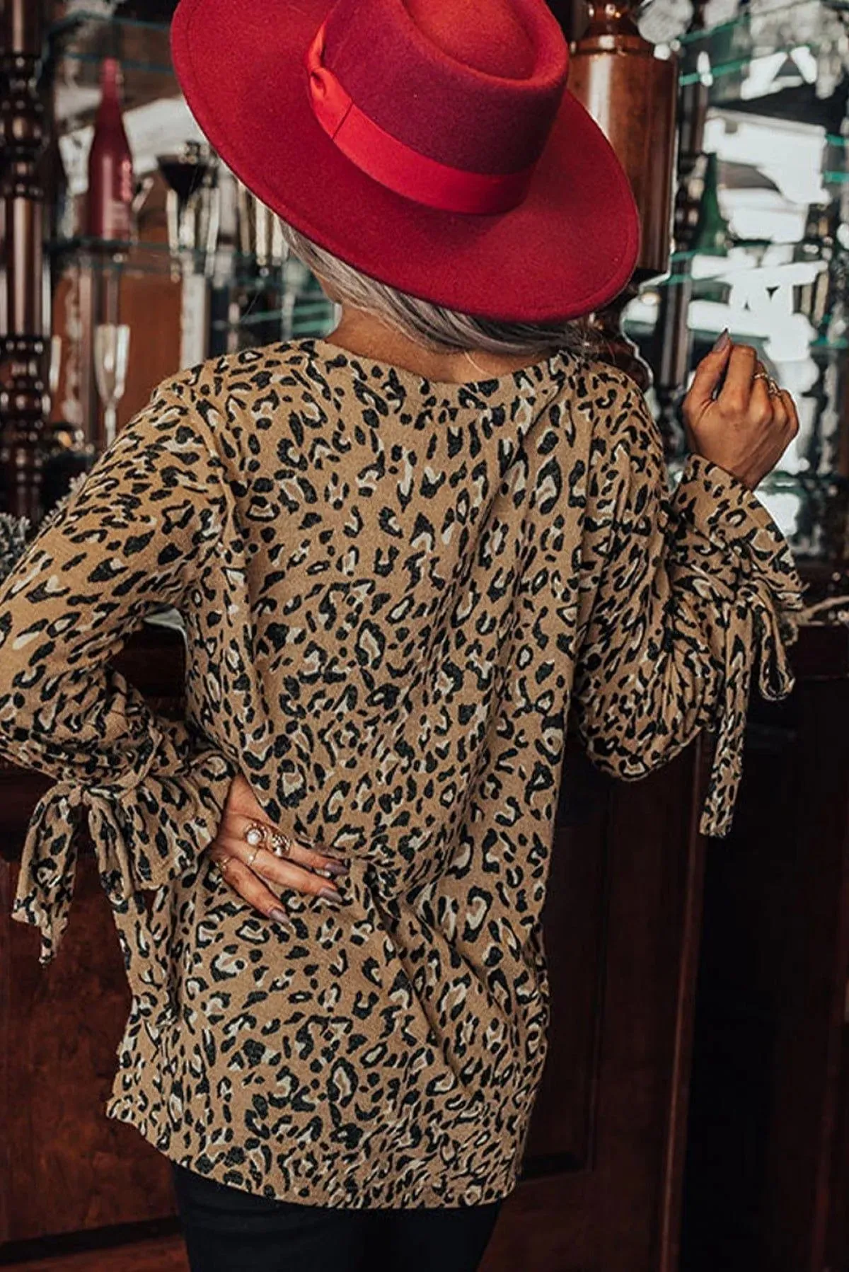 Leopard Print Cuff Knot Long Sleeve Blouse