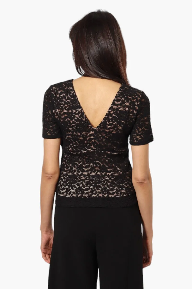 Limite Lace V-Neck Short Sleeve Shirt - Black