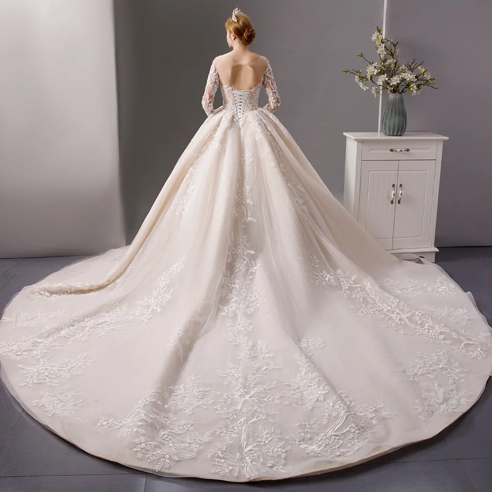 Luxury shinny lace ball gown wedding dress with long sleeves